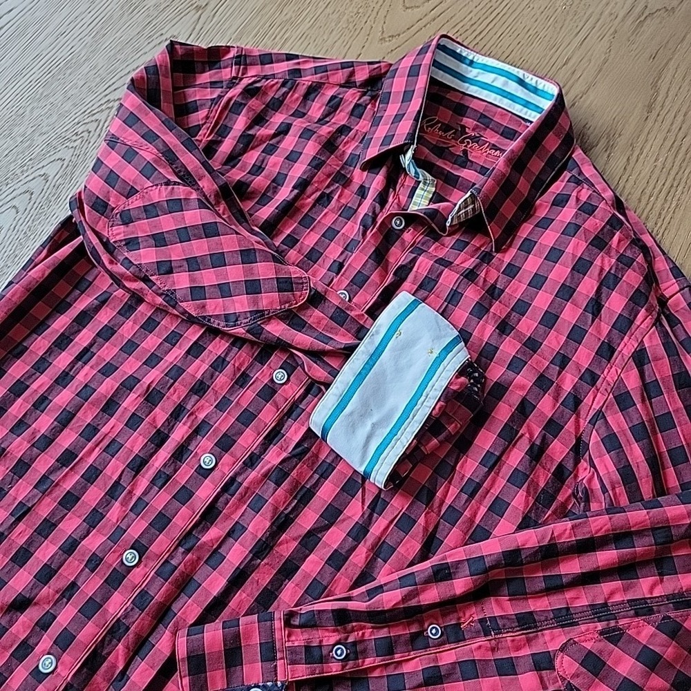 Robert Graham Shirt Men's Size Large Red Black Gingham Check Flip Cuff Button Up